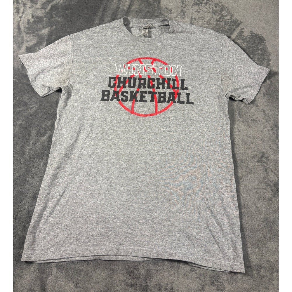 Gildan Mens Winston Churchill Basketball Graphic T Shirt Medium Gray Cotton